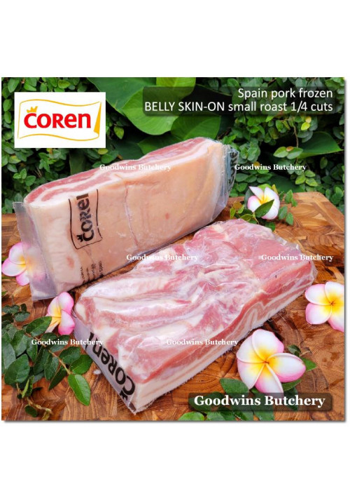 Pork BELLY SKIN ON samcan frozen Spain COREN DUROC SELECTA (fed w/ chestnuts) roast small +/- 1.3kg (price/kg)
